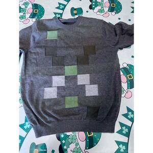 Minecraft Creeper Face Graphic Knit Sweater Mens Small‎ Charcoal Grey Pullover